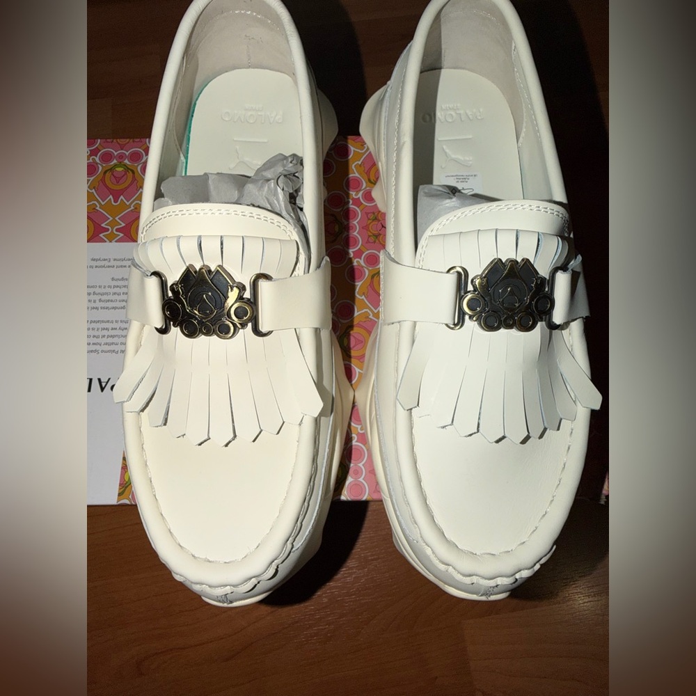 White Puma x Palomo Loafers with Fringe and Gold Accent